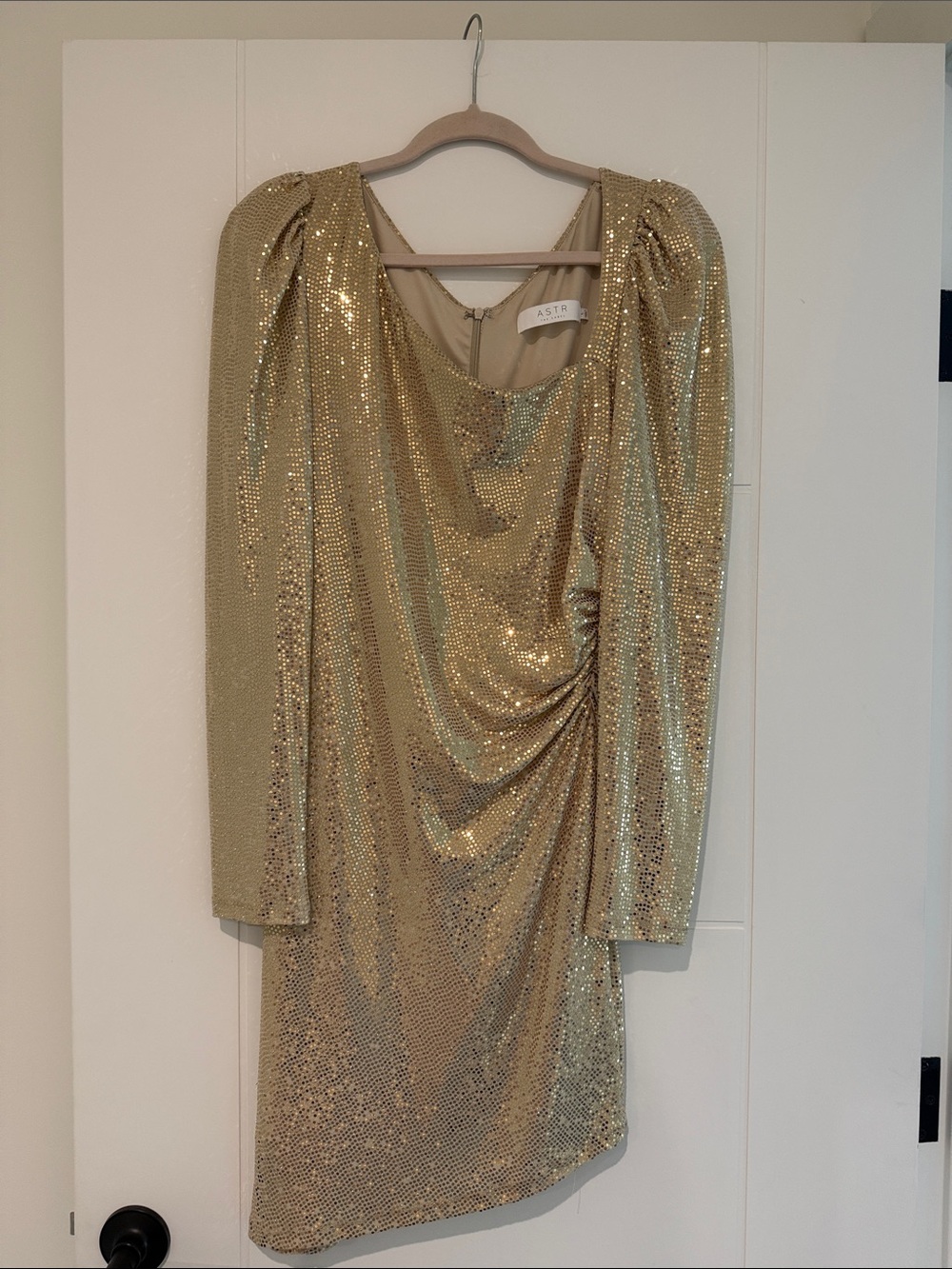 Astr Gold Sequin Draped Long Sleeve Cocktail Dress